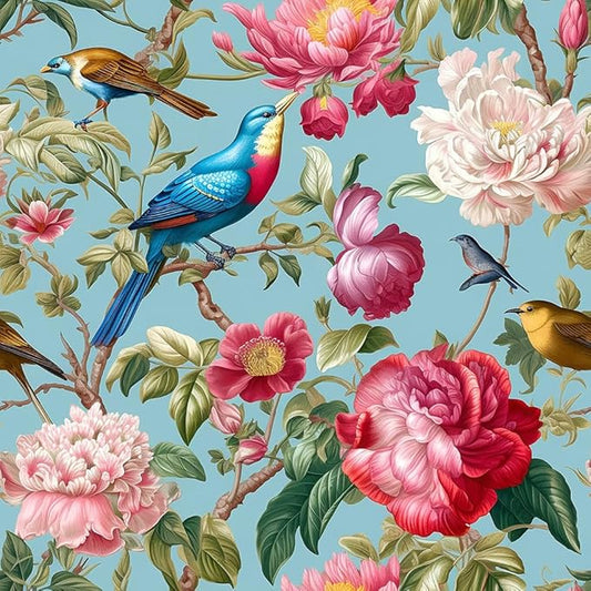 Vintage Pink Blue Peony Floral Birds Peel and Stick Wallpaper Easy Peel Off Contact Paper Stick on Adhesive Wall Paper for Bathroom Waterproof Renter Friendly