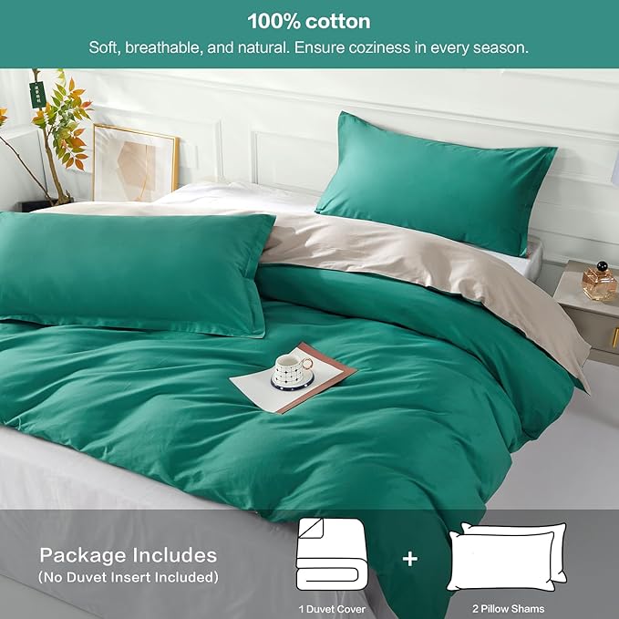 SAPHREAS Teal Duvet Cover Queen Size 3 Pieces Extra Soft 100% Cotton Bedding Set, Includes 1 Green Duvet Cover 90"x90" with Zipper Closure & 2 Pillow Shams, Comforter Not Included