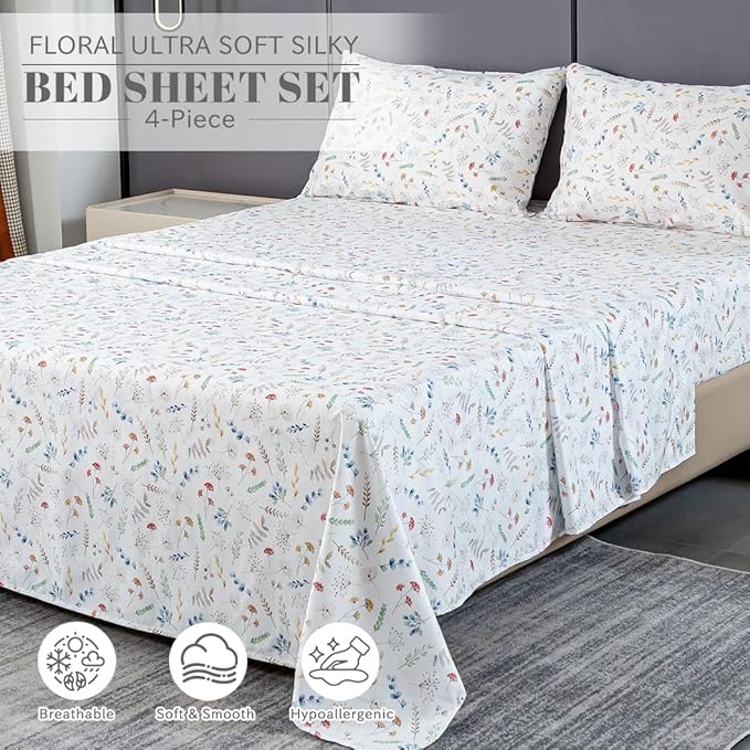 Bedlifes Queen Sheet Set Ultra Soft, Breathable, Silky Flower Deep Pocket 100% Microfiber Bedding, 4 Piece Queen Size White Floral