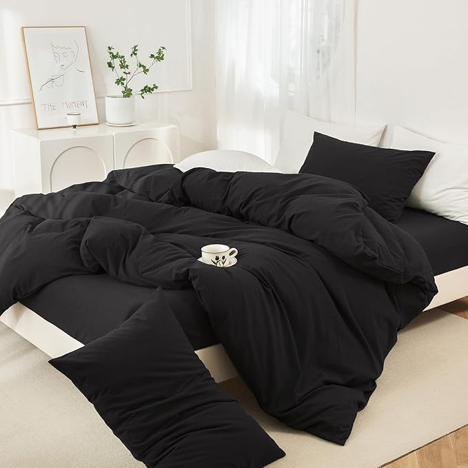 JIYUAN 100% Washed Cotton Duvet Cover Set 3 Pieces Cal King, 1 Duvet Cover 104x98 Inches(Comforter Not Included) and 2 Pillowcases,Linen Feel Bedding Set Comfy and Breathable,Black