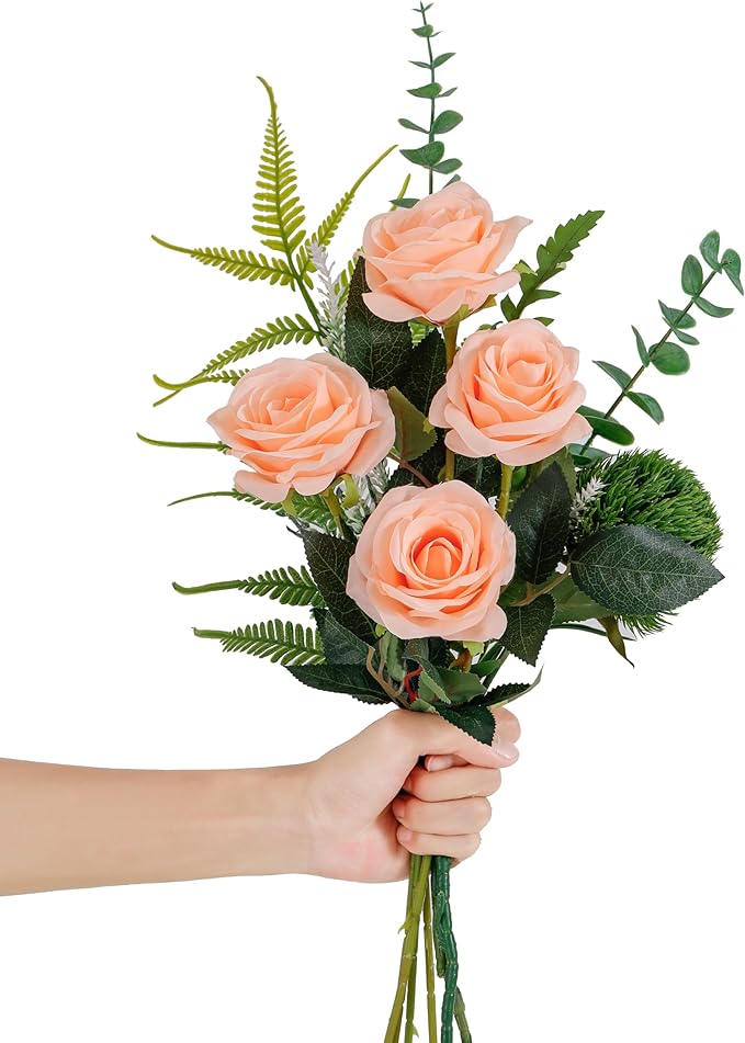 DuHouse 10pcs Fake Roses Artificial Silk Flowers Long Stems Bouquet for Arrangement Wedding Centerpiece Party Home Kitchen Decor(Peach Fuzz-a)