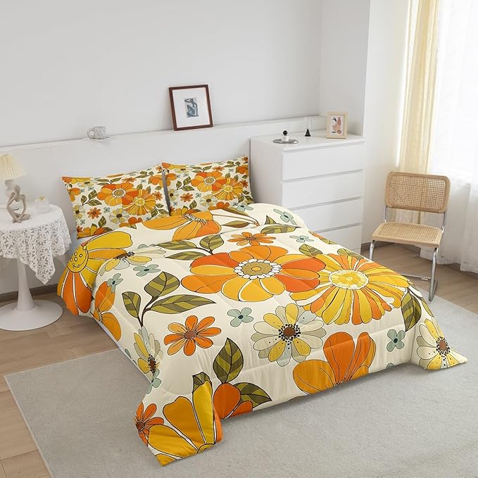 Castle Fairy Kids Retro Flowers Bedding Comforters Queen Size,Watercolor Yellow Floral Green Leaves Plant Comforter Set with 2 Pillowcases,70s Trippy Daisy 3pcs Children Adult Duvet Set,Soft