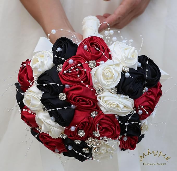 Bridal Wedding Bouquet Round Bling Brooch Bouquet Throw Toss Artificial Rose Flower Bunch for Bride Bridesmaid Wedding Quinceanera(Ruby Red, Black & Ivory, 9.8")