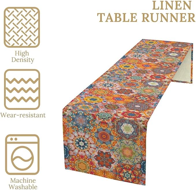 Boho Table Runner, Orange Geometric Mandala Flower Fall Farmhouse Decor Table Runner for Kitchen Dining Party Home Decoration, 13x60 Inch