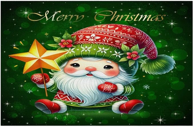 Xmas Christmas Green Santa Claus Placemats Set of 1 PVC Vinyl Non Slip Table Mats Heat Resistant Place Mats Washable Wipeable Dining Table Mat for Kitchen Decor Party Indoor Outdoor Decorative Gift