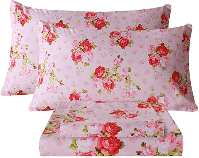 Bedlifes Queen Sheet Set Ultra Soft, Breathable, Silky Flower Deep Pocket 100% Microfiber Bedding, 4 Piece Queen Size Pink Floral(Red Rose)