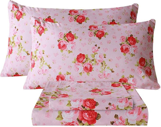 Bedlifes Queen Sheet Set Ultra Soft, Breathable, Silky Flower Deep Pocket 100% Microfiber Bedding, 4 Piece Queen Size Pink Floral(Red Rose)