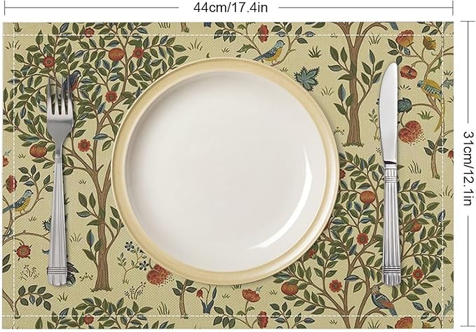 Vintage Trees Placemats Set of 4, William Morris Retro Boho Botanical Plant Birds Place Mats, Heat Resistant Non Slip Cotton Linen Dining Table Mats for Home Kitchen Party 18x12 Inch