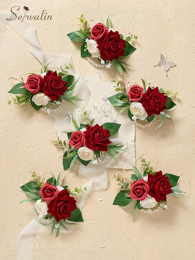 Serwalin 6 PCS Burgundy Wrist Corsage for Wedding, Roses Wrist Corsage for Prom Homecoming Party Corsage Hand Decor for Bride Bridesmaids, Mother of Bride and Groom