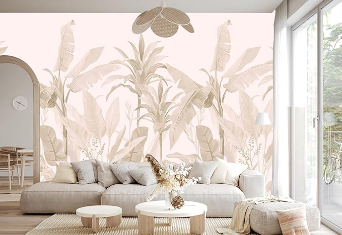 Tropical Botanical Wallpaper Beige Palm Leaves Wall Mural for Living Room Bedroom（Not Peel and Stick）