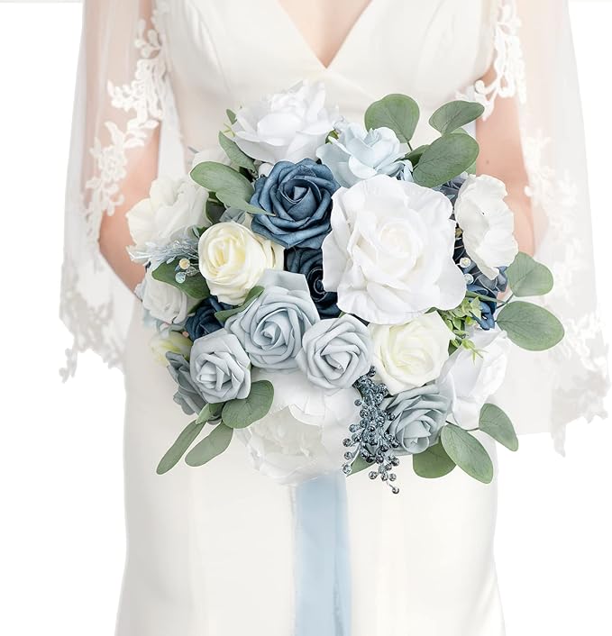 Ling's moment Dusty Blue Bridal Bouquet for Bride, Blue Wedding Bouquets for Bride, 13 Inch Silk Round Artificial Wedding Flowers Bouquets