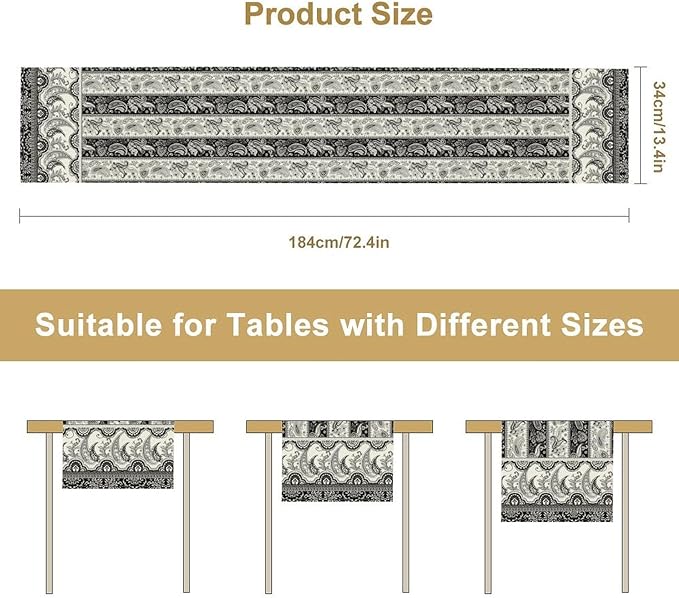 Vintage Bohemian Table Runner, Striped Black Grey Paisley Flower Boho Table Runner for Kitchen Dining Holiday Home Party, 13x36 Inch