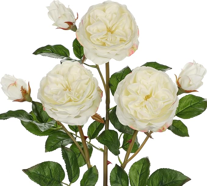 Real Touch Artificial Roses (Set of 3) – 23.6" Long Stem White Garden Roses – Lifelike Faux Silk Flowers for Wedding Bouquets, Home Décor, Centerpieces & Floral Arrangements