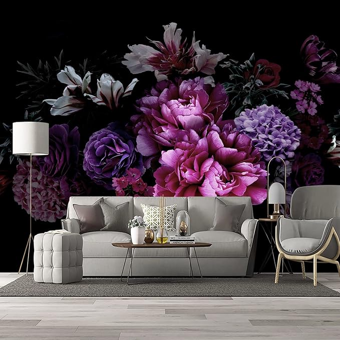 Black Peony Floral Wallpaper Bedroom Purple Botanical Flowers Leaf murals Living Room tv Background Large Wall Mural Aesthetic Room Decor - 137"x96" Not Peel and Stick