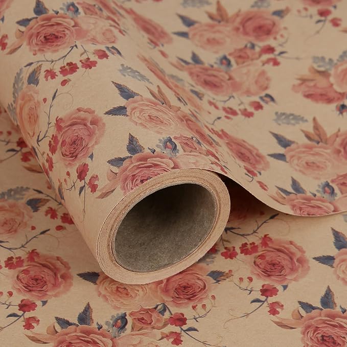 Aimyoo Pink Rose Floral Kraft Wrapping Paper Roll, All Occasion Vintage Flower Gift Wrap for Wedding Birthday Bridal Shower, 17 inch x 10 ft