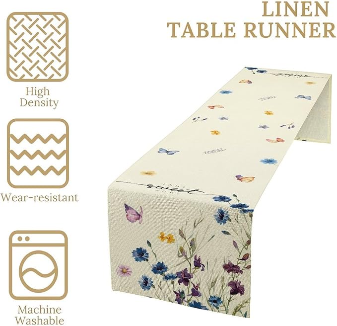 Blue Floral Table Runner, Spring Summer Watercolor Wildflower Butterfly Country Farmhouse Coffee Table Center Decor for Home Kitchen Dining Patio Holiday Party Table Decorations 13x36 inches