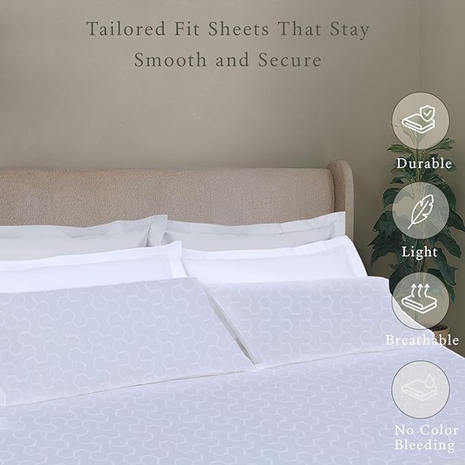 Threadmill 500 Thread Count Queen Size Sheets 4 Pc Luxury Cotton Bedding Set, Jacquard Floria Hotel White, Silky Smooth Sheets with 16" Elasticized Deep Pocket, 2 Pillowcases & Free Tote Bag