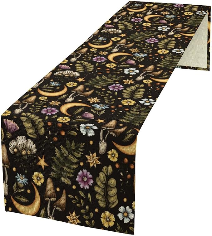 Vintage Mushroom Table Runner, Rustic Botanical Flowers Fern Moon Star Print Table Runner for Home Kitchen Dining Table Decoration Indoor Outdoor Party, 13x70inch
