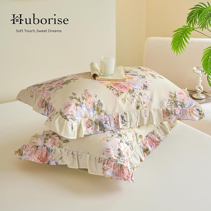 Ruffle Floral Duvet Cover Set 100% Cotton Queen Size, Shabby Blush Pink Cream Rose Comforter Cover, Satin Weave, Soft & Breathable, French Country Cottagecore Bedding 3Pcs-Not Comforter