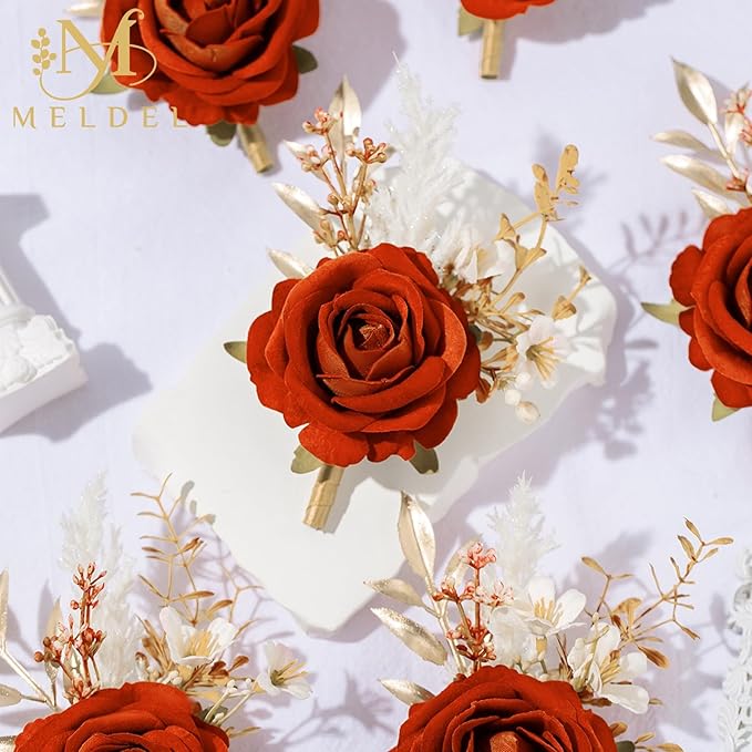 Meldel Burnt Orange Velvet Rose Boutonniere for Men,Set of 6,Groom and Best Man Boutonnieres with Artificial Flower,for Wedding Ceremony Anniversary, Dinner Party, Fall Vintage Rustic Marriage Prom