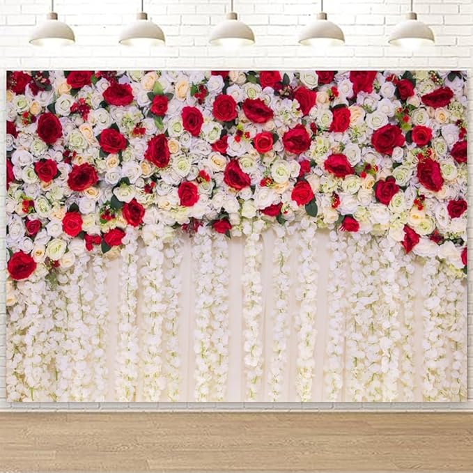 9x6ft Flower Wall Wedding Backdrop White Red Roses Romantic Spring Blooming Floral Photo Background for Valentine's Day Bridal Shower Mothers Day Birthday Newborn Decorations Photo Props