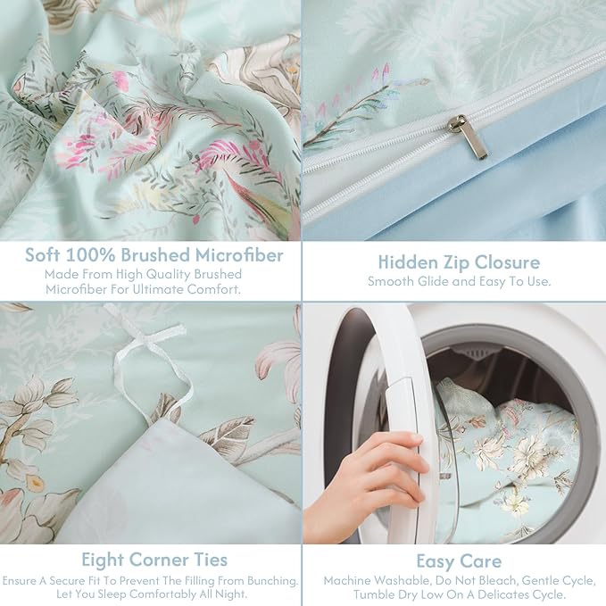 LONAVA Queen Flower 3 Pcs Duvet Cover Set, Breathable Soft Microfiber Light Blue Lining Comforter Cover with Zipper Closure, and 2 Anti-Pilling, Fade Resistant Pillowcases, Mint Flower