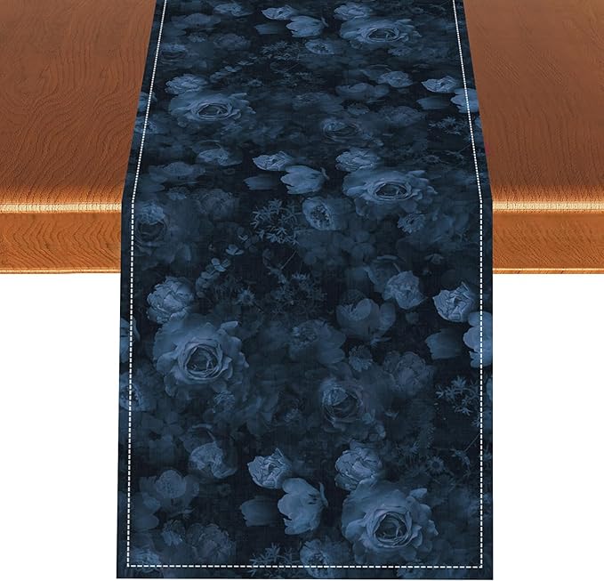 Gothic Floral Table Runner, Retro Dark Blue Flower Garden Witchy Rose Print Coffee Table Center Decor for Home Kitchen Dining Patio Holiday Party Indoor Outdoor Table Decorations 13x72 inches