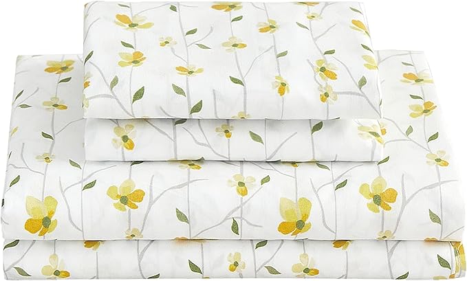 Softan Yellow Floral Bed Sheets Full Flower Printed Sheets - Patterned Microfiber Fitted Sheets Full with 15" Deep Pocket & Non-Slip Straps, Cute Flower Sheets & Pillowcase Set