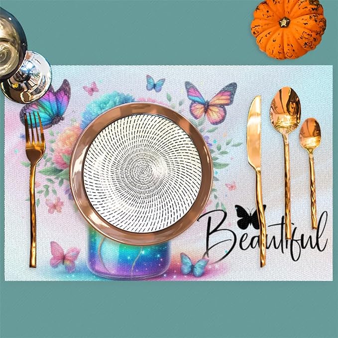 PVC Placemats Set of 1 Rainbow Flower Butterfly Wipeable Table Mats Washable Heat Resistant Non Slip Vinyl Dining Table Mat for Kithen Indoor Outdoor Patio Farmhouse Place Mats Decorative