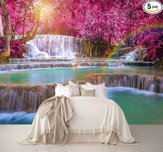Forest Waterfall Wall Mural Wallpaper Large Nature Scenery Mural for Bedroom Living Room TV Background Sofa Wall（Not Peel and Stick）