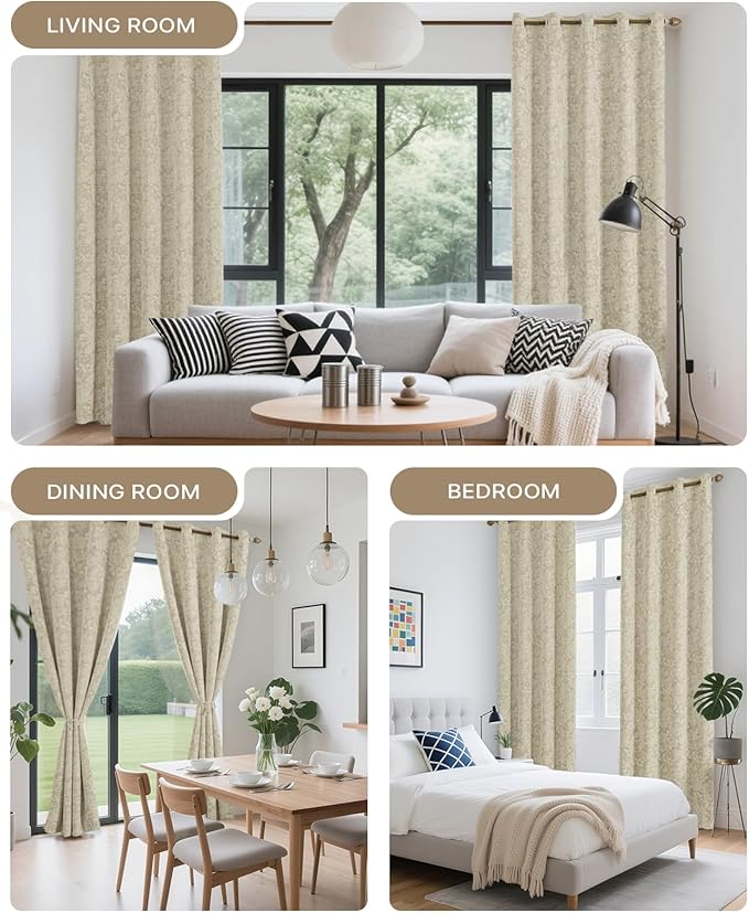 Chenille Floral Blackout Curtains 84 Inch Length 2 Panels Set - Bedroom Living Room Darkening Thermal Insulated Black Out Window Treatments Grommet Jacquard Drapes 52 Inch Wide Beige