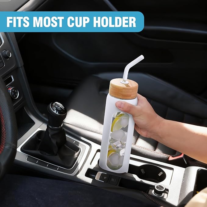 24 oz Glass Water Bottle, Glass Tumbler with Straw, Reusable Drinking Bottles with 2 Lids-Handle Lid&Bamboo Straw Lid, Silicone Sleeve, for Sports, Home,1 Pack-White