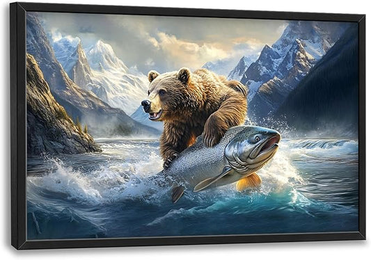 Bear Fish Large Decor Framed Wall Art Mountain Pictures for Living Room, Oversized Canvas Print Painting Modern Extra Large Framed Artwork for Bedroom Office Home Decor 36"x24"