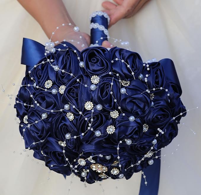 Bridal Wedding Bouquet Round Bling Brooch Bouquet Throw Toss Artificial Rose Flower Bunch for Bride Bridesmaid Wedding Quinceanera(Navy Blue, 7.5")