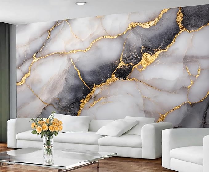 Golden Veins Marble Wall Mural, Black and White Marble 3D Wall Murals, Luxury Stone Wallpaper Mural, for Living Room Bedroom Large Wallpaper Indoor Decor 59" W x39.4 H