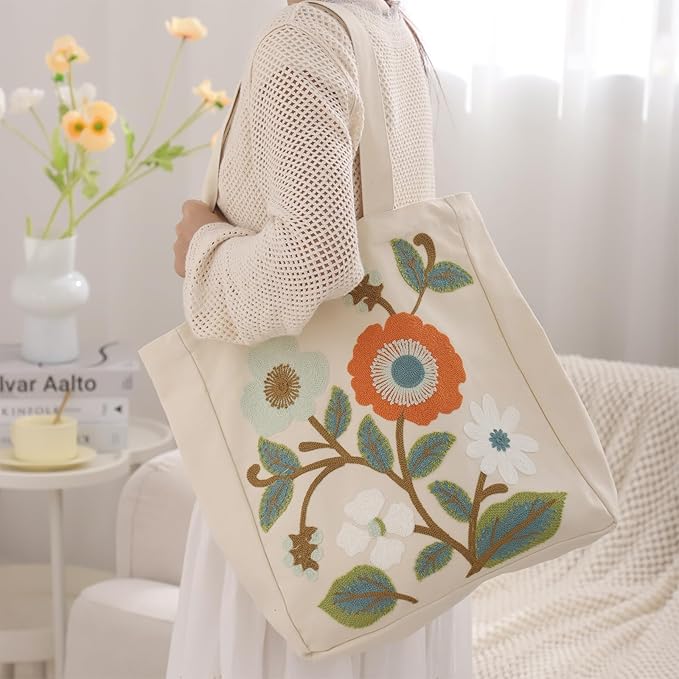 Aesthetic Embroidery Tote Bag for Lady Cute Reusable Canvas Shoulder Bag for Girls Women Shopping Grocery