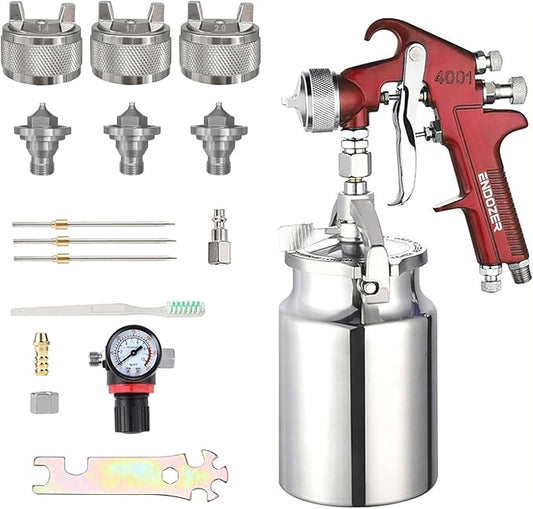 ENDOZER Professional Siphon Feed Spray Gun for Paint, Red Handle, 34 oz -1.4 1.7 2.0mm Nozzle for a Variety of Low Viscosity Paints（Red）