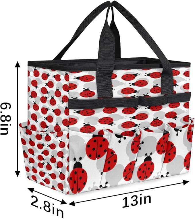 Ladybugs Pattern Garden Tool Tote Bag for Women Men Gardening Tool Storage Bags with 10 Pockets Standable Garden Home Tool Kits Organizer for Indoor Outdoor Gardening Gifts