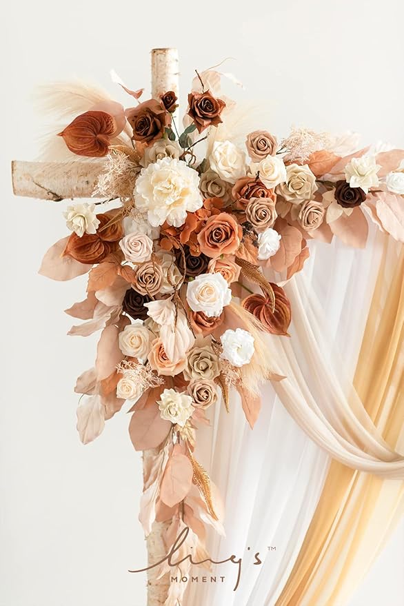 Ling's moment Fall Wedding Arch Flowers with Sheer Drapes Kit - Artificial Rust Boho Floral Arrangements for Ceremony Backdrop, Arbor Decor, Orabge 5-Piece Set (2 Flower Stems + 3 Hanging Drapes)