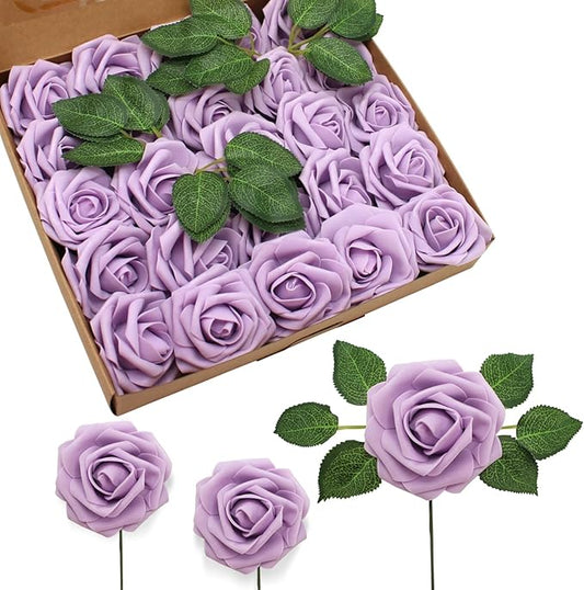 JOYLEX Artificial Flowers Realistic Roses, Real Looking Fake Roses with Stem for DIY Wedding Bouquets Centerpieces Bridal Shower Party Home Romantic Decorations (Light Purple, Regular 3" - 200pcs)
