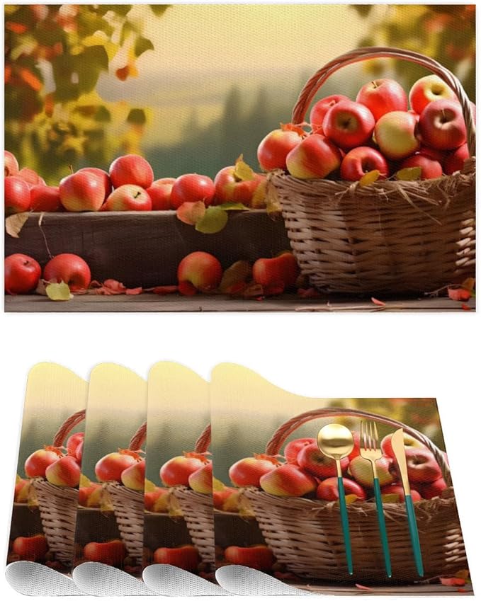 Fall Fruit Apple Placemats Set of 4 PVC Vinyl Non Slip Table Mats Waterproof Heat Resistant Place Mats Washable Wipeable Dining Table Mat for Kitchen Party Farmhouse Indoor Outdoor Decorative