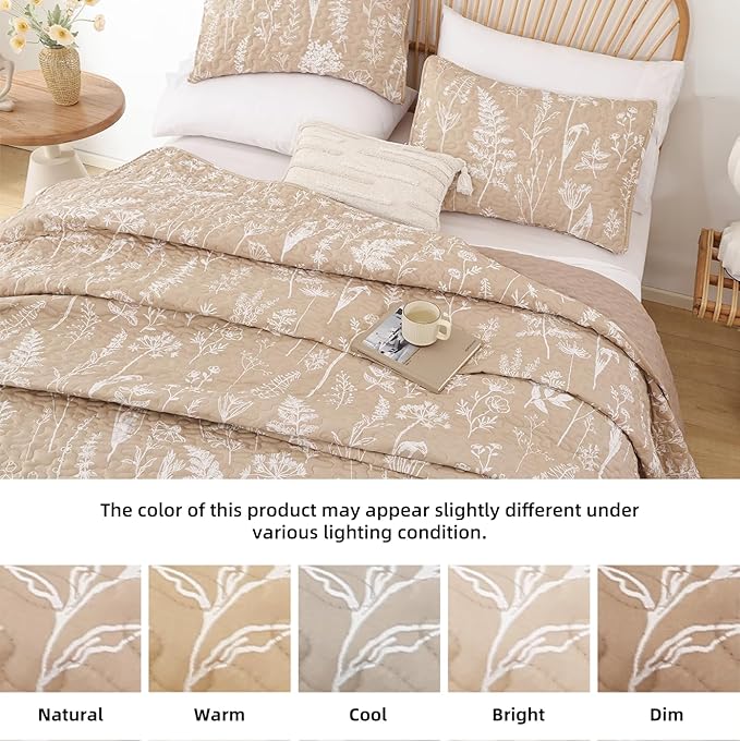 JANZAA Quilt King Size Taupe Quilt Bed Spread Boho Quilt with Floral Pattern Microfiber Quilts Set 3 Pieces Lightweight Comforter Reversible Bedding Set 1 King Size Quilt and 2 Pillowcases