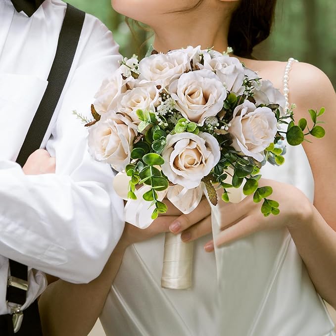 Wedding Bouquets Large for Bride, Wedding Silk Artificial Flowers 14pcs White Champagne Roses 10 in Fake Flowers for Wedding Party, Ceremony, Anniversary & Home Decor(Come with 4 kinds of Ribbons)