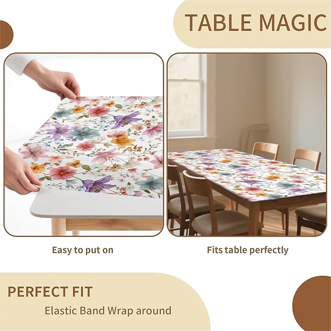 Rectangle Table Cloth Cover Waterproof Elastic Fitted Polyester Fitted Tablecloths for 6 Foot Tables for Indoor,Picnic, Camping, Outdoor （72" x 30"，Flower）