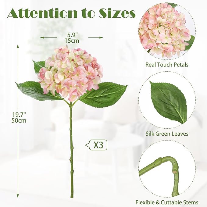 Oairse 3Pcs Pink Hydrangea Artificial Flowers 19.7 in Real Touch Faux Hydrangea Stems Silk Flowers with Stems Fake Pink Flowers Bouquet for Floral Arrangements Table Centerpieces Wedding Home Decor