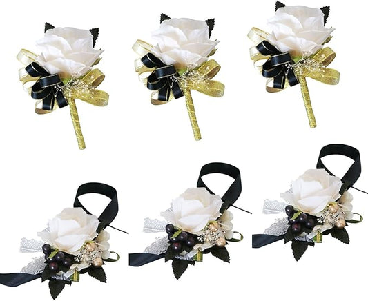 Aimto Ivory Rose Rose&Black Wrist Corsage and Boutonniere Set for Ivory Rose Wedding Flower Accessories Prom Suits (3pairs Ivory Rose Set)