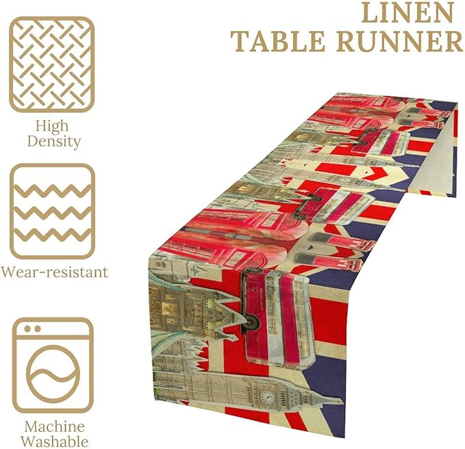 British Table Runner, Seasonal Vintage Buildings England London Culture Element Coffee Table Center Decor for Home Kitchen Dining Patio Holiday Party Table Decorations 13x90 inches