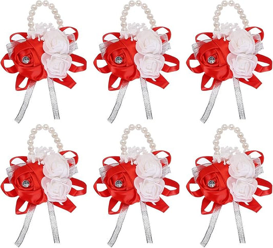 MECCANIXITY 6Pcs Wrist Corsage Artificial Flower Bracelets Rose Wrist Bride Groom Decorative for Wedding Ceremony Prom Party Anniversary Red