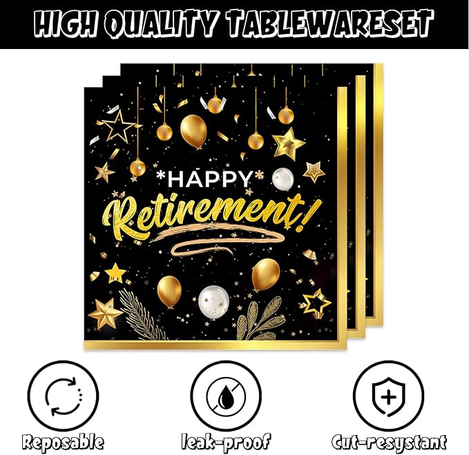 48pcs Retirement Party Decoration Set,16 Dessert plate,16 Napkin And 16 Fork,16 persons Black Gold Disposable tableware,Black Gold Retirement Party Supplies