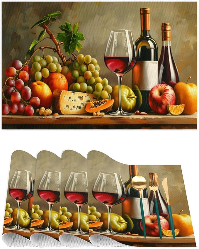 Grapes Fruit Wine PVC Placemats Set of 6 Wipeable Table Mats Washable Heat Resistant Non Slip Vinyl Dining Table Mat for Kithen Indoor Outdoor Patio Farmhouse Place Mats Decorative